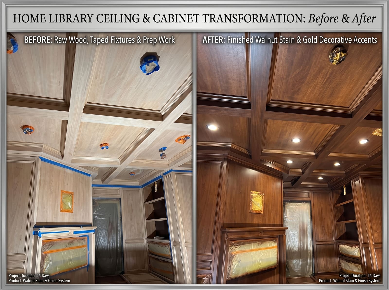 Home library ceiling and cabinets