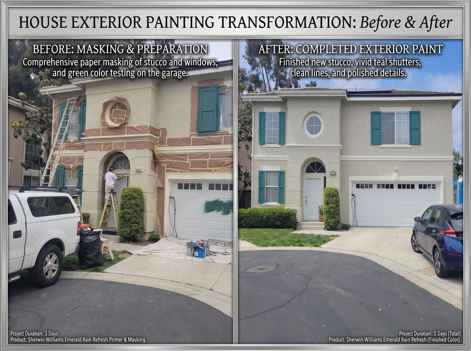 Exterior home paint, teal shutters